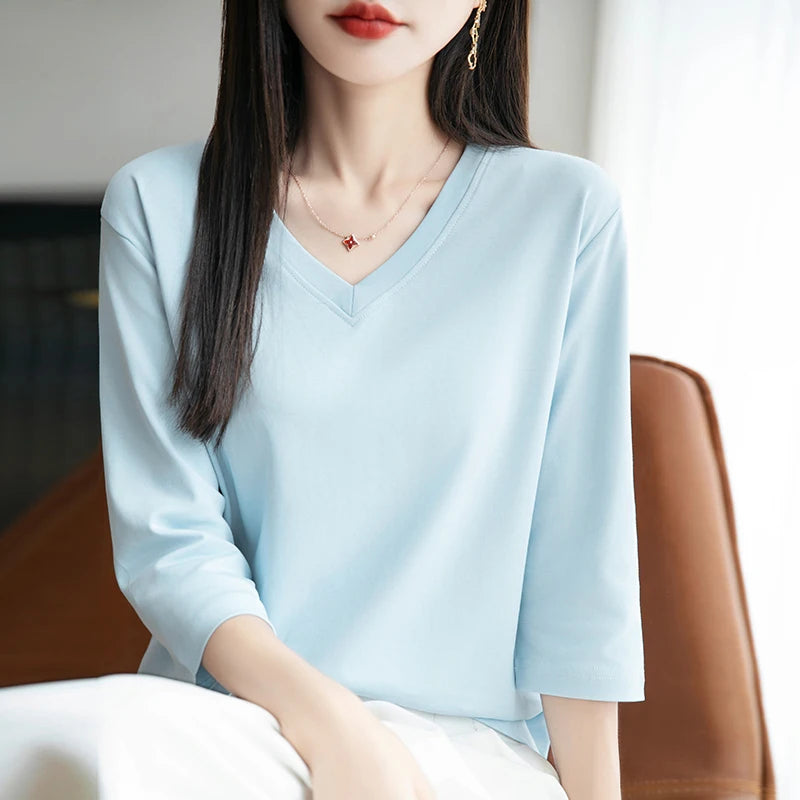 Spring And Summer New White Mercerized Cotton Cropped Sleeve T-shirt Feminine Joker 100% Cotton Bottoming Shirt Half Sleeve