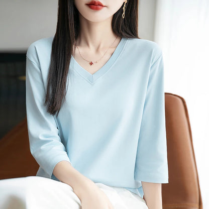 Spring And Summer New White Mercerized Cotton Cropped Sleeve T-shirt Feminine Joker 100% Cotton Bottoming Shirt Half Sleeve