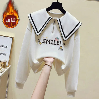 Teenage Girl's Fleece Lined Thickened Navy Collar Sweatshirt Small Size Winter Fashionable Clothing School Sweet Style Zipper