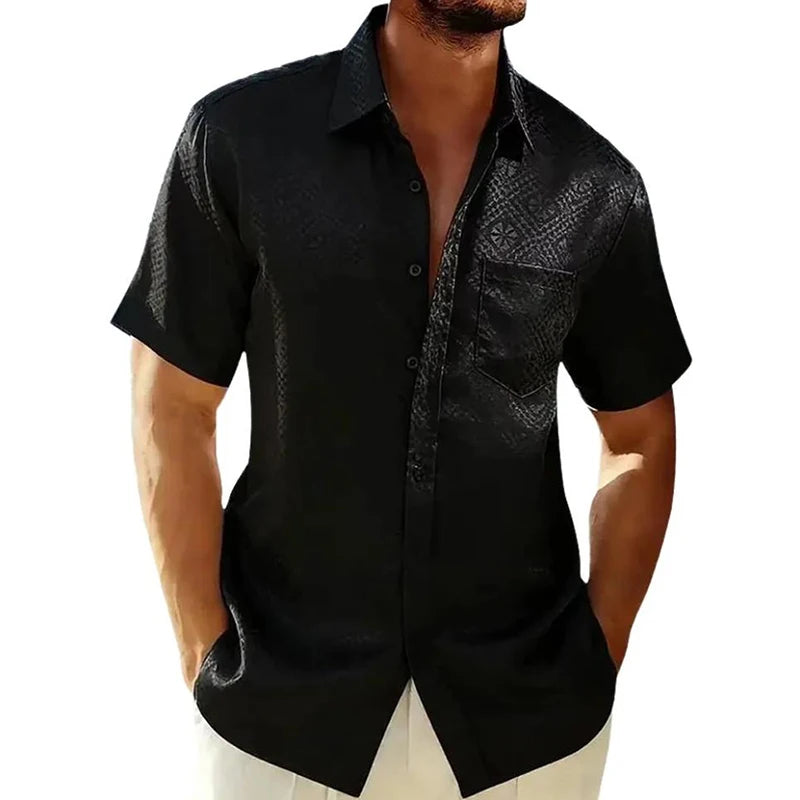 Men's Summer Fashion Satin Short Sleeve Hawaiian Shirt Casual Solid Beach Holiday Smooth Silk Stylish Printed Mens Shirt