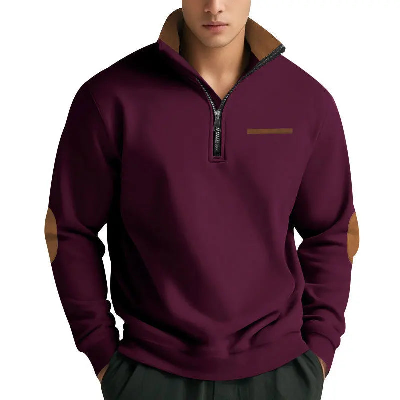 Men's Casual Sweatshirt American Style Autumn Winter Fleece Half-Zip Stand Collar Patchwork Color Block Henry Sweatshirt for Men