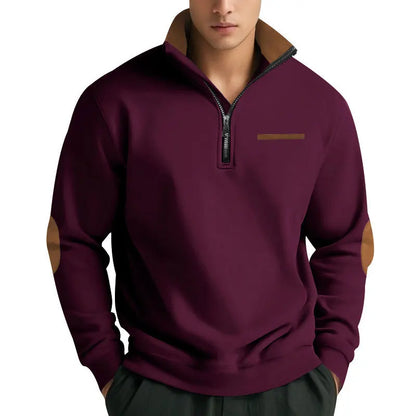 Men's Casual Sweatshirt American Style Autumn Winter Fleece Half-Zip Stand Collar Patchwork Color Block Henry Sweatshirt for Men