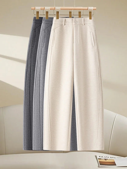High Waist Grey Woolen Knife Pants Women's Casual Autumn Winter Straight Leg Trousers Commute Style Korean Fashion