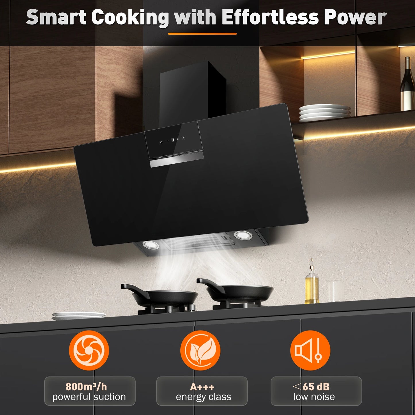 90cm Wall Mounted Cooker Hood 800m³/h A+++ LED Touch Control, Black Glass - Recirculation/Exhaust Option
