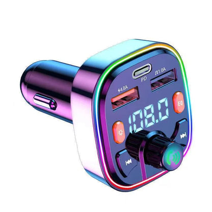 Car Bluetooth 5.0 FM Transmitter Audio Adapter RGB Colorful Light Triple Port PD Fast Charger And USB & One-Key Deep Bass Boost