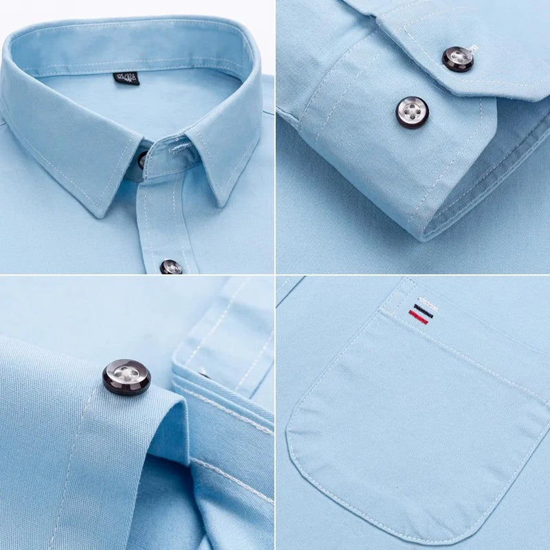 New 100%Pure Cotton Men's Shirts Long Sleeves Solid Color Soft Regular Fit Casual Shirt Pocket Social Blouse Male Clothes S-7XL