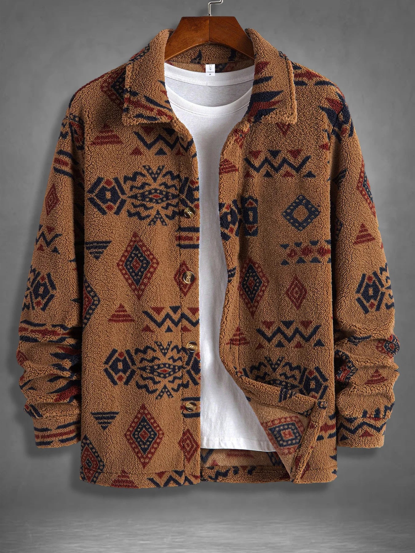 Men's Retro Ethnic Geometric Print Fleece Shirt Jacket Winter Thick Warm Sherpa Casual Coat