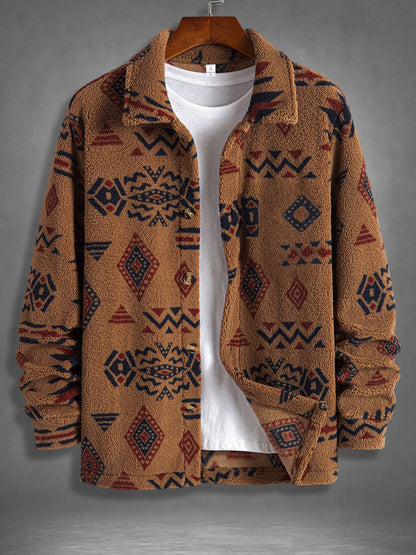 Men's Retro Ethnic Geometric Print Fleece Shirt Jacket Winter Thick Warm Sherpa Casual Coat