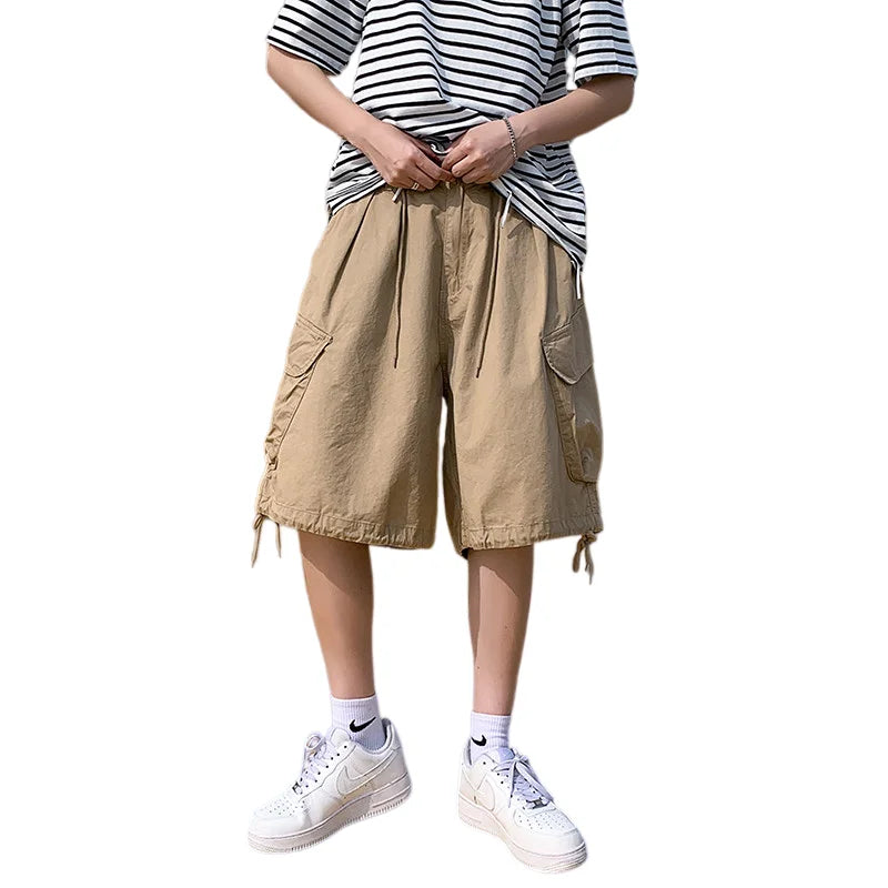 Man Casual Cropped Pants 2026 Summer Men's American Vintage Cargo Shorts Big Pockets Drawstring High Street Loose Wide Leg Pants