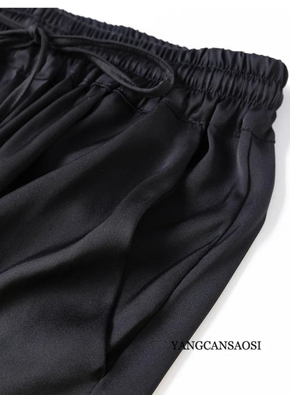 Vertical Naked Feeling 93% Natural Mulberry Silk Elastic Double Qiao Satin Elastic Waist Women's Fashionable Wide Leg Pants