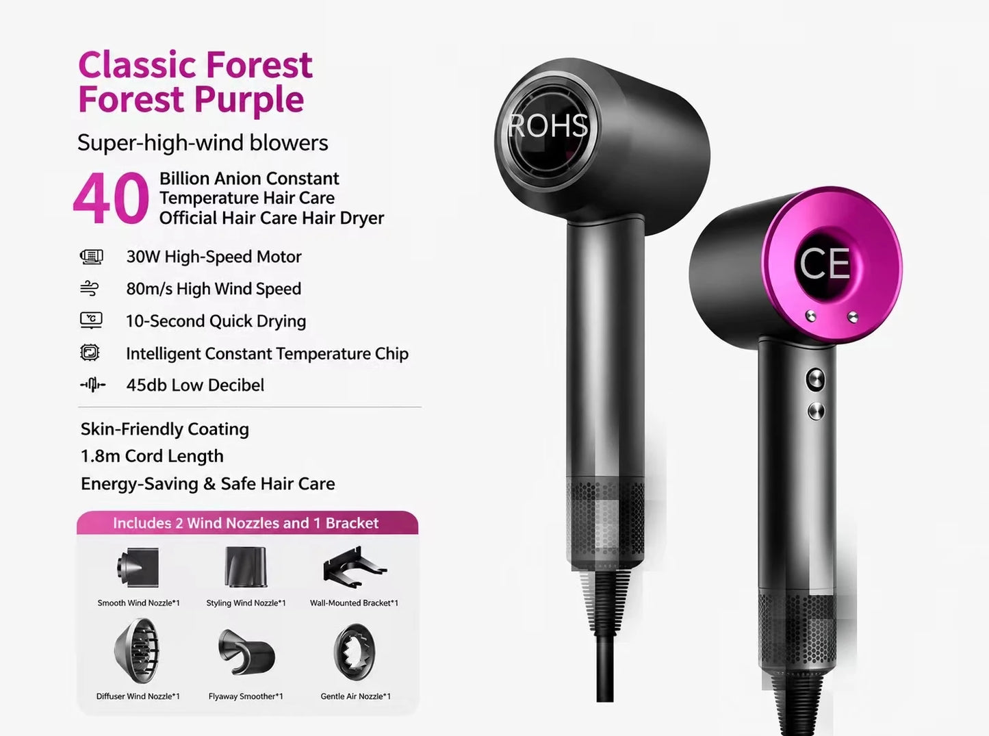 High Speed Hair Dryer 40M Negative Ions Constant Temp Fast Drying Low Noise Professional Salon Blow Dryer with Nozzles