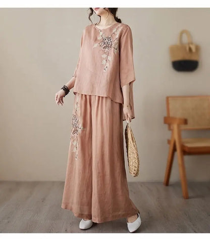 plus Size Women's Retro Cotton Linen Set Wide Leg Pants Slimming Mom Two Piece Suit Spring Fashion Korean Style Commute Wear