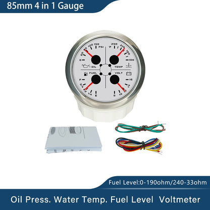 ELING Waterproof 85mm 4 in 1 Gauge Oil Pressure Water Temp Fuel Level Voltmeter with Light Alarm for Car Boat Yacht