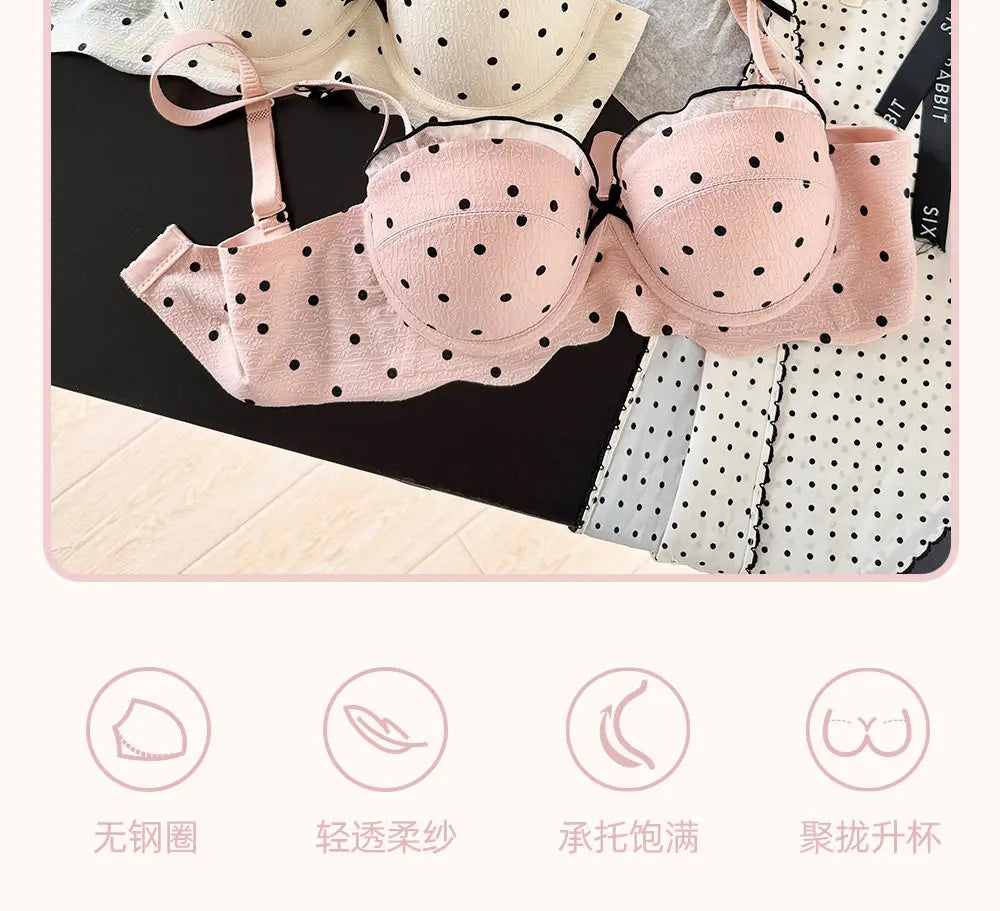 Ensemble Soutien-Gorge French Coquette à Pois Sans Armature, Effet Push Up Pour Petite Poitrine Forme Pêche, Confortable et Sexy