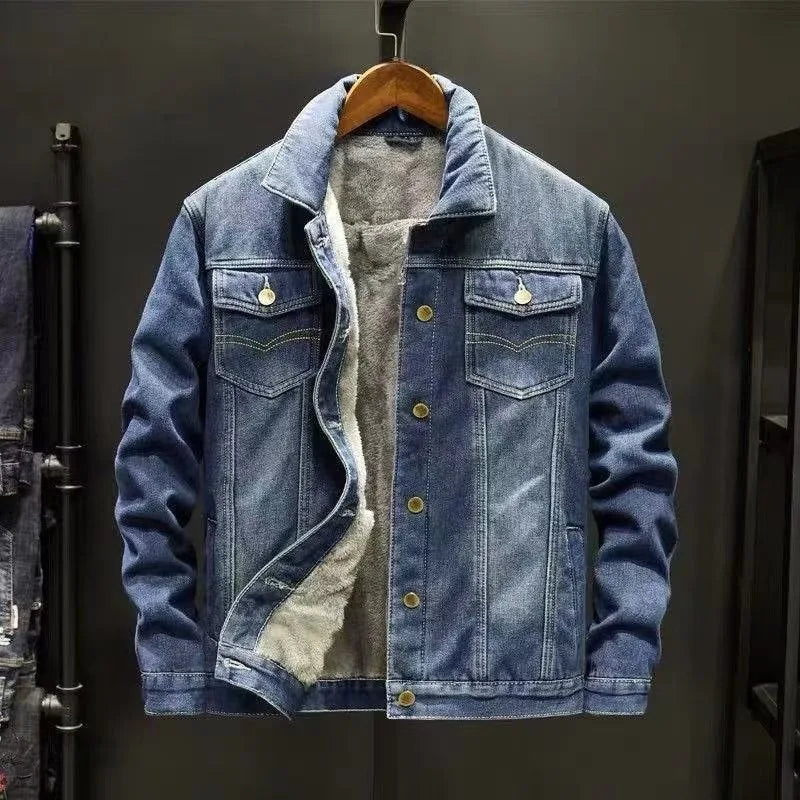 Korean Version Winter New Warm Men'S Denim Jacket With Plush Thick Coat Casual Jacket Men'S Loose Tops