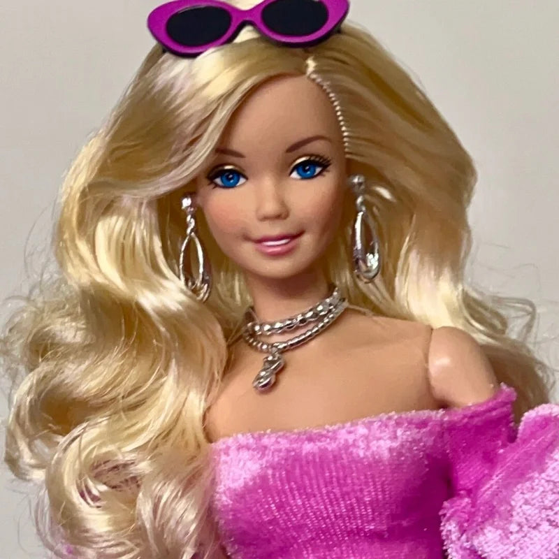Genuine New Barbie Deluxe Fashion Doll Black Pink Shiny Lace Superstar Face Action Figure Fashion Series Collection Toy Gift