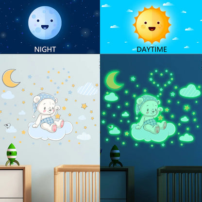 Cartoon Bear Moon Cloud Luminous Wall Sticker Baby Kids Room Bedroom Decoration Wallpaper Glow In The Dark Home Decor Stickers