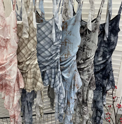 Women's Vintage Tie-dye Printed Mesh Spaghetti Strap Camisole Hot Girl Irregular Ruffled Ribbon Sleeveless Top Partyclub 1185