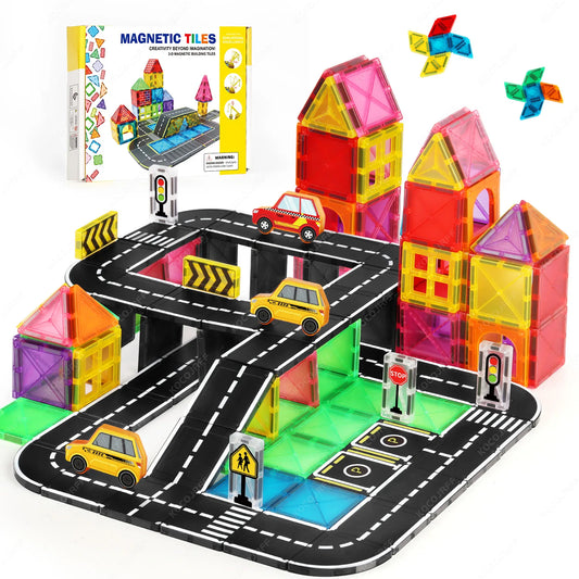 Magnetic City Road Building Set with Magnetic Signs & Toy Cars, Kids STEM Educational Toy. Safe Magnetic Blocks for Boys & Girls