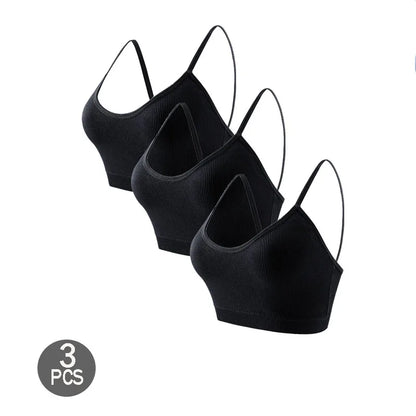 3PCS Women's Ribbed Cotton Bra With Chest Cushion Beautiful Back Sling Tank Top for Yoga Girl's Shock-absorbing Sports Underwear