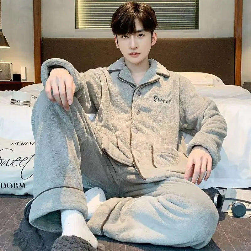Men's Winter Sleepwear Coral Fleece Thickened Flannel Casual Long Sleeve Pajamas Large Size Home Clothes Chinese Style