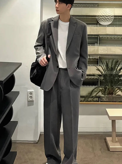 American Deep Grey Shoulder Padded Men's Casual Suit Two-Piece Set Non-Ironing Leisure Single West Casual Pants Long Pants