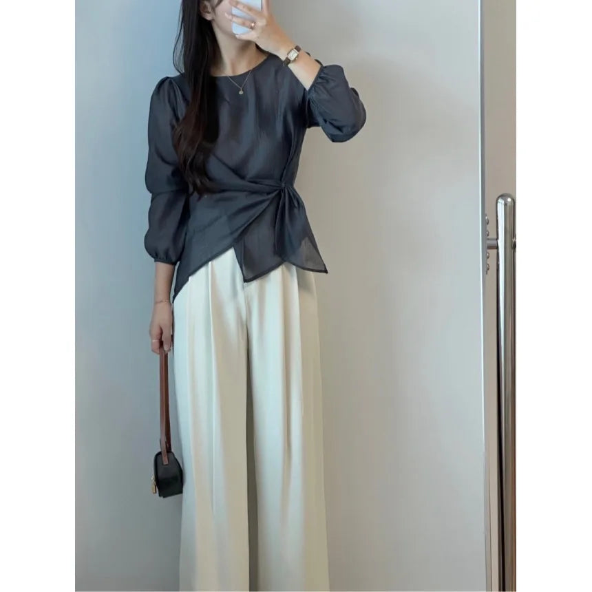 Spring 2026 Chic Korean Style Women's Long Sleeve round Neck Overhead Shirt Loose Fit Slimming Versatile Fashionable Top