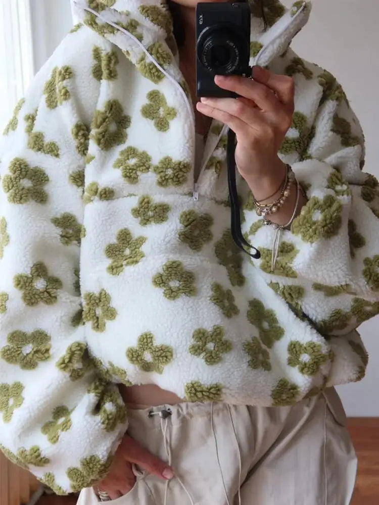 Half Zip Hoodie Women Floral Print Pullover Loose Fit Polar Fleece Sweatshirt Autumn Winter Warm Stylish New