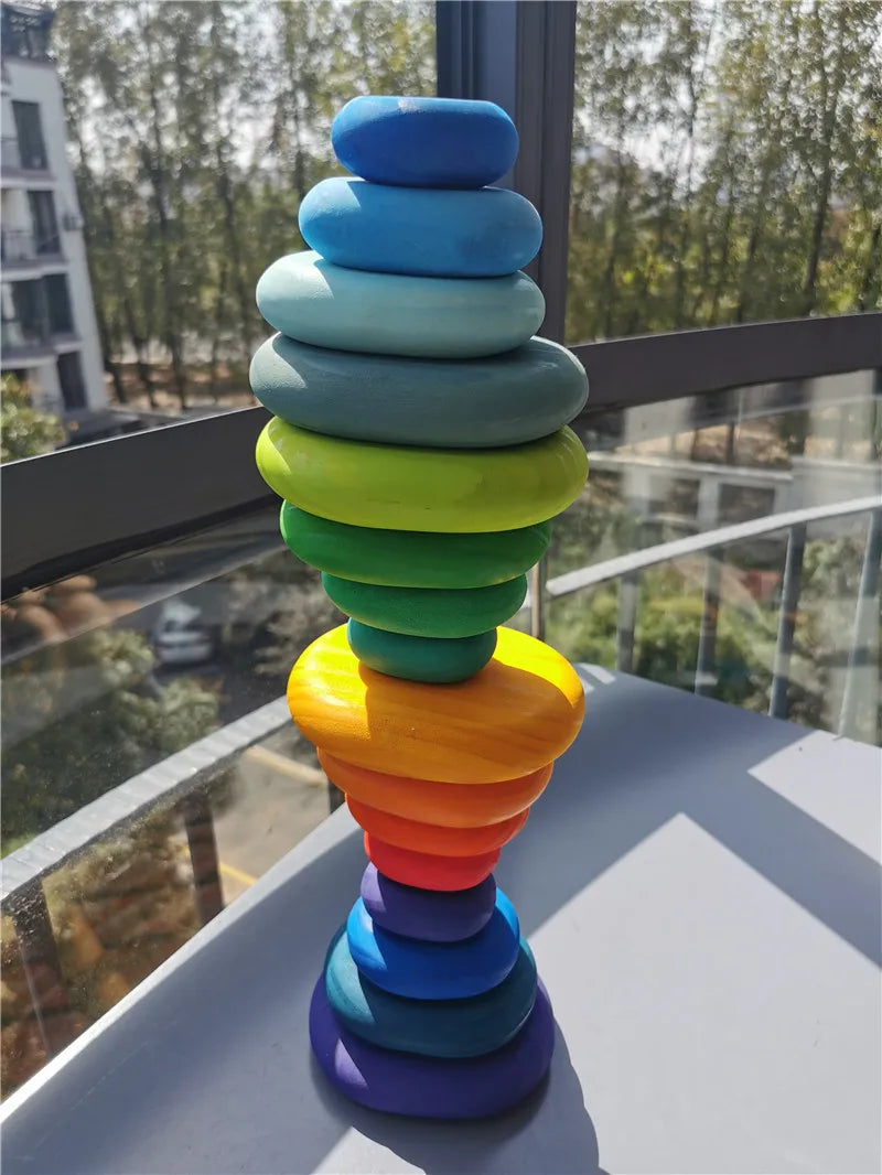 Wooden Toys for Kids Rainbow River Pebbles Stones Dolls Rings Balls Building Stacking Blocks