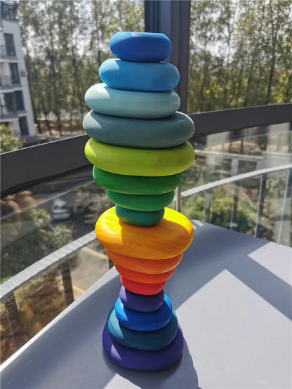 Wooden Toys for Kids Rainbow River Pebbles Stones Dolls Rings Balls Building Stacking Blocks