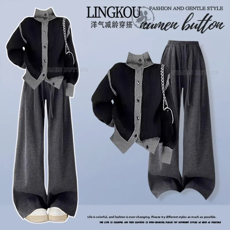 Anti-Aging Large Size Autumn Set Women's High Waist Wide Leg Pants Casual Versatile Outerwear Two-Piece Korean Style Ensemble