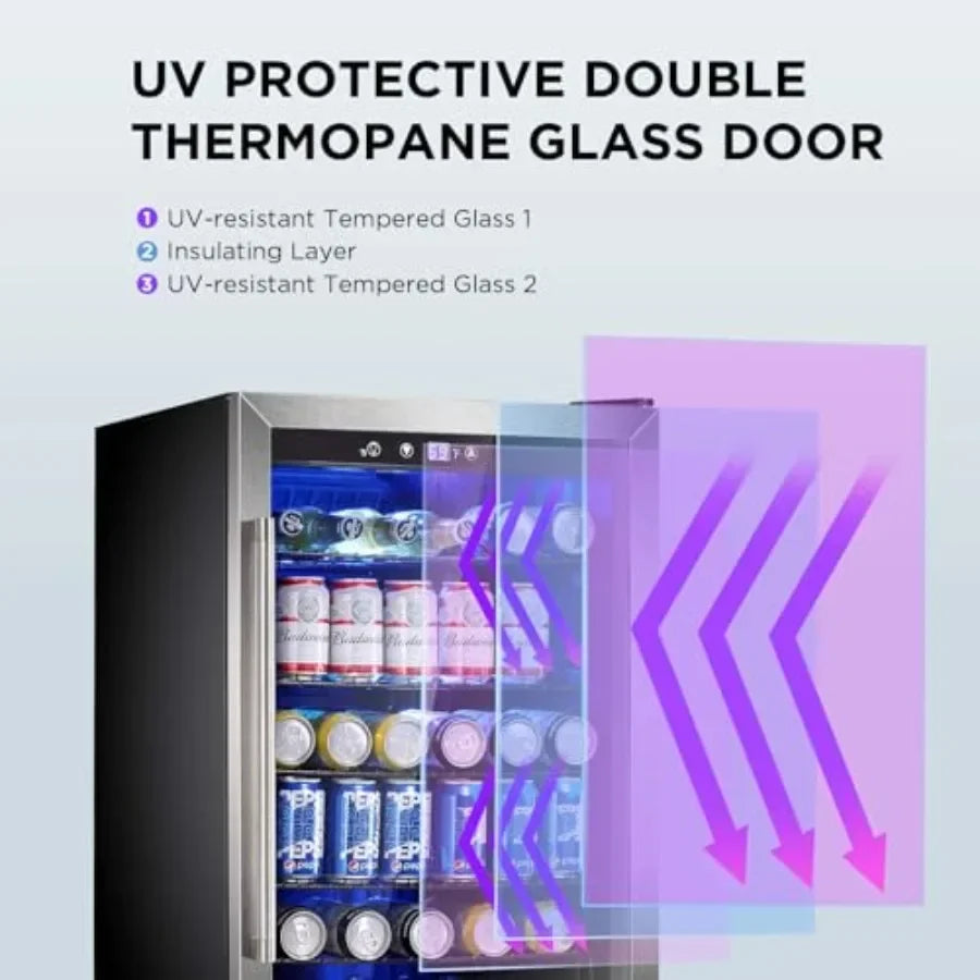 Wine Cooler 37 Bottle Freestanding Fridge with Stainless Steel Reversible Glass Door, 145 Can Beverage Refrigerator Quiet Compr