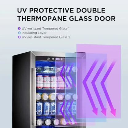 Wine Cooler 37 Bottle Freestanding Fridge with Stainless Steel Reversible Glass Door, 145 Can Beverage Refrigerator Quiet Compr