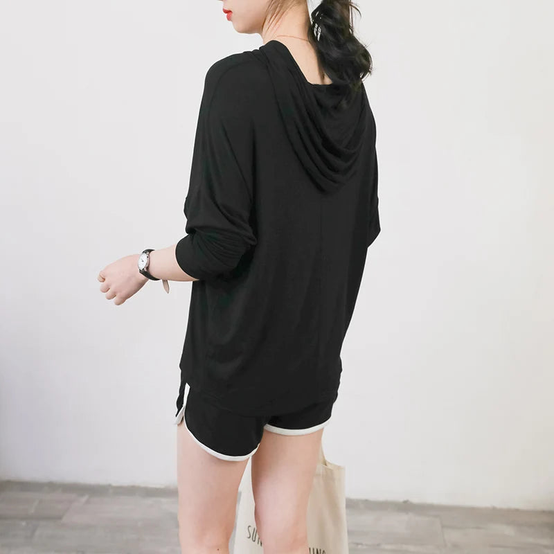 Spring Summer New Modal Long Sleeve Hoodie T-Shirt Women plus Size Loose Base Shirt Slimming Sun Protection Top Korean Style