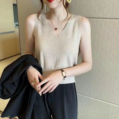 Women's Summer V-Neck Tank Top: Breathable, Waist-Defining Short-Sleeved Knit Top with Ice-Silk Spandex Lining for Outerwear