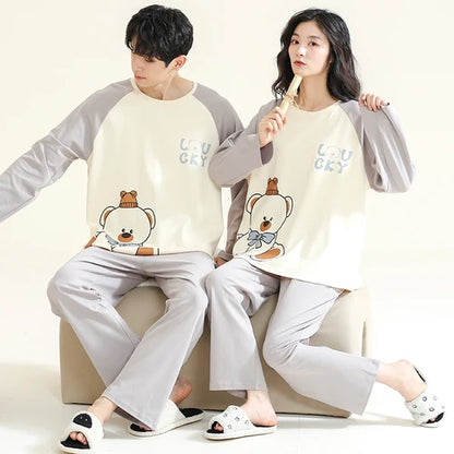 2023 New Cartoon Cute Pajamas Set for Couples Cotton Long Sleeves Sleep Top & Long Pant Spring Nightwear for Men and Women Pjs
