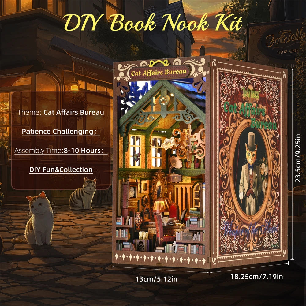 Book Nook Kit The Cat Returns DIY Wooden Puzzle Hayao Miyazaki Bookshelf Dollhouse Model Bookend Building Home Decoration