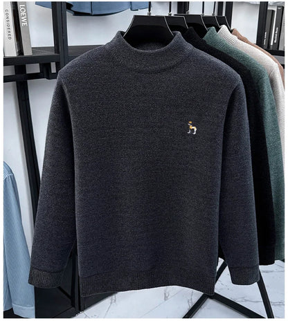 High End Embroidered Snow Carved Velvet Semi High Neck with Thick Velvet Men's Sweater Winter Semi High Neck Base Sweater