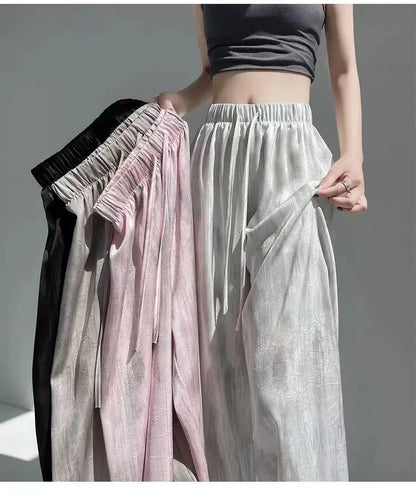 Summer Thin Ice Silk Satin Dyed Wide Leg Pants Women Loose Casual Drape High Waist Slimming Pants Ins Straight Leg Elastic Wa...