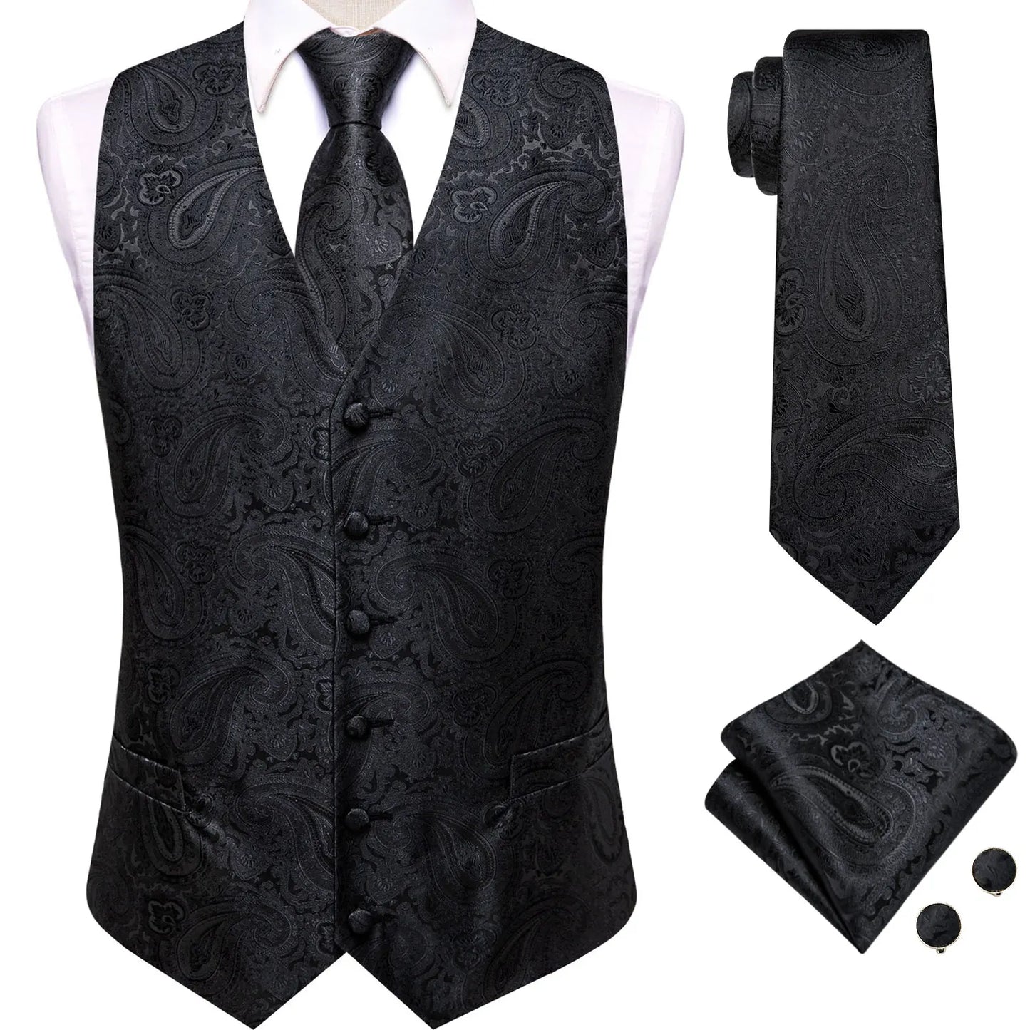 4Pcs Men Formal V-Neck Vest Kit Waistcoat Tie Handkerchief & Cufflinks for Occasions