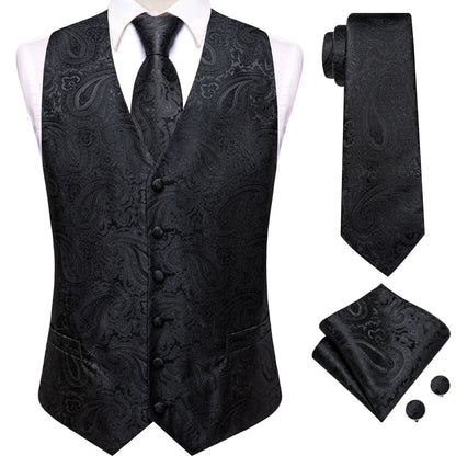 4Pcs Men Formal V-Neck Vest Kit Waistcoat Tie Handkerchief & Cufflinks for Occasions