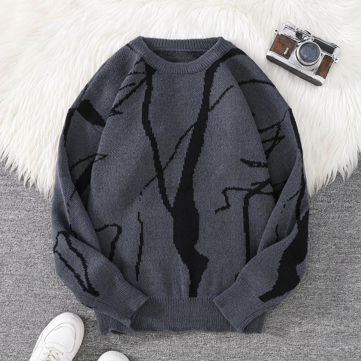 Street Graffiti Pattern Pullover Sweater, Casual Round-Neck Knit Men's Pullover, Suitable for Everyday Wear, Unisex Top for Going Out, Regular Fit, Suitable for Autumn and Winter
