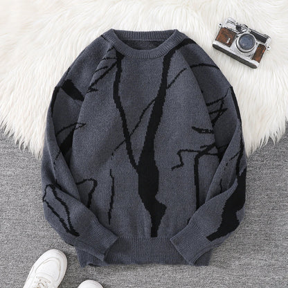 Street Graffiti Pattern Pullover Sweater, Casual Round-Neck Knit Men's Pullover, Suitable for Everyday Wear, Unisex Top for Going Out, Regular Fit, Suitable for Autumn and Winter