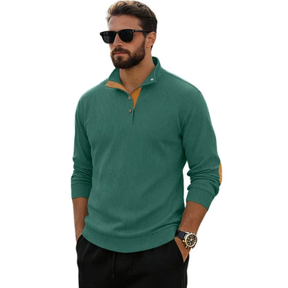 Men‘s Corduroy Button Up Pullover Stand Collar Contrast Elbow Patch Casual Top 2026