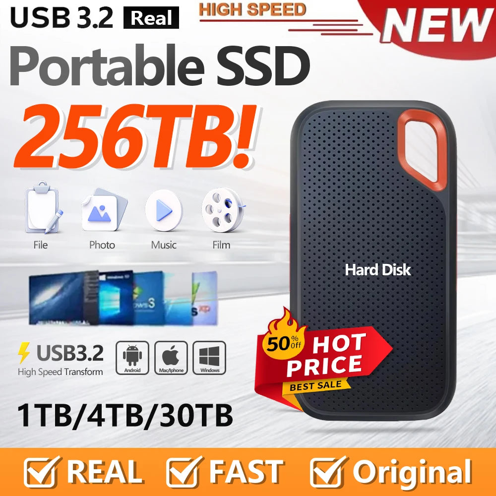 High-speed External Hd 2TB High-quality Hard Drive 128TB 64TB Portable SSD USB3.1 Solid State Disk for Mac/ Pc/Laptops/Phones