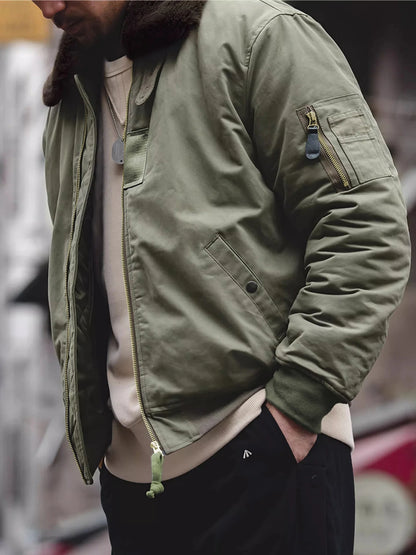 Men's B-15 Bomber Jacket Winter Warm Fur Collar Military Flight Jacket Thick 100% Cotton Motorcycle Coat Vintage Csual Outwear