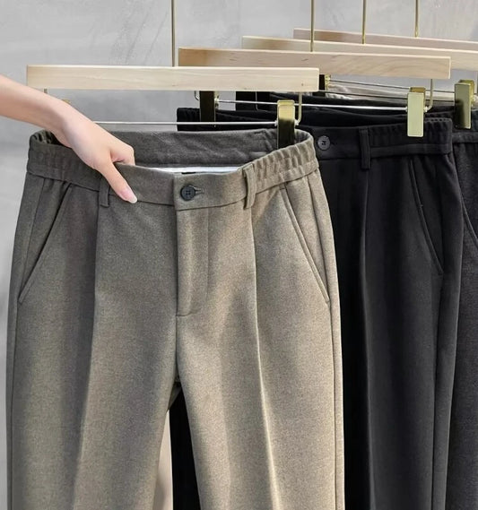 Men's Woolen Straight Leg Thickened Casual Trousers Fashionable Autumn Winter Style mid Waist Pure Color Anti-Wrinkle