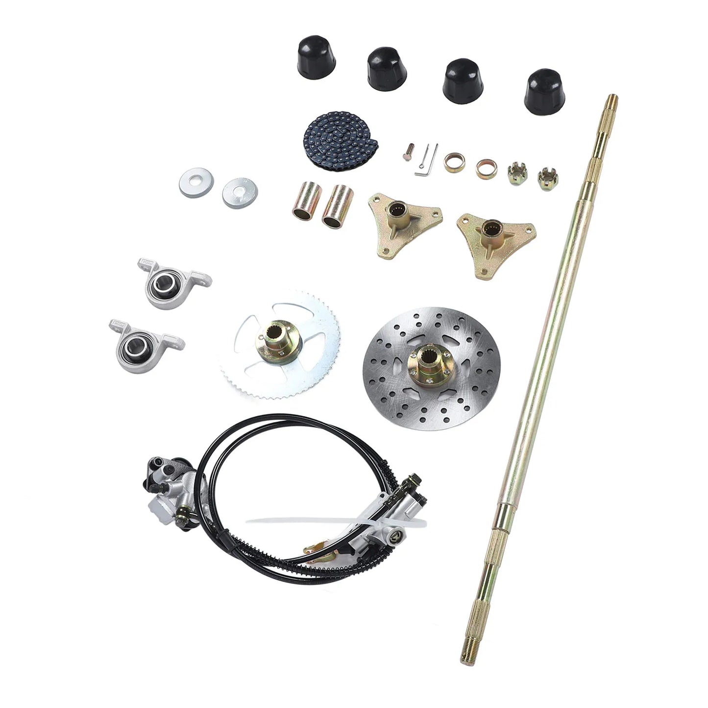 Go Kart Rear Axle Assembly 29in Axle Length Sturdy Chain Sprockets Disc Brake Calipers Kit for 50cc 70cc 90cc ATV Quads