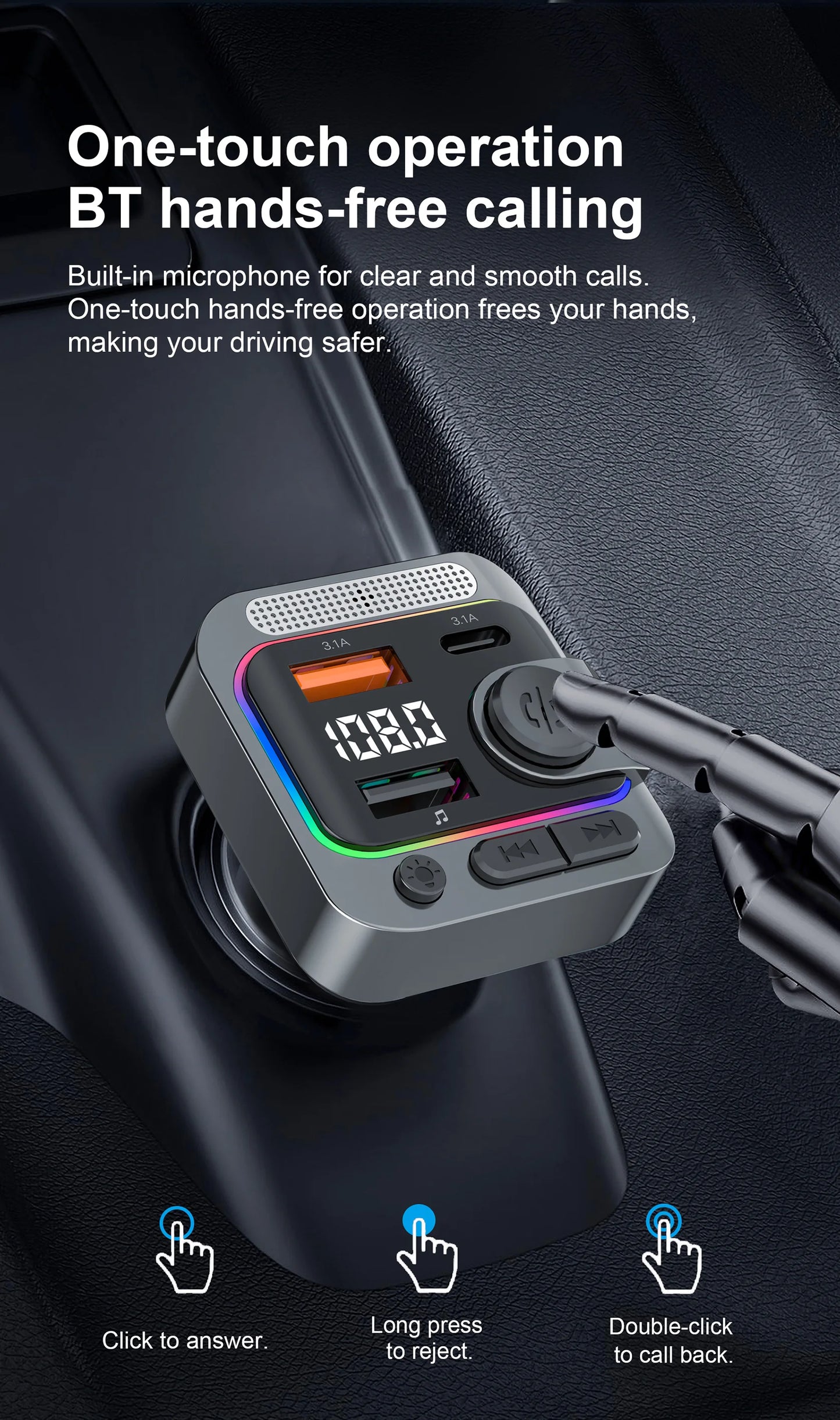 Bluetooth 5.3 Car FM Transmitter Type-C Dual USB Charging Car Audio MP3 Player Hands Free Calling with Karaoke Car Microphones