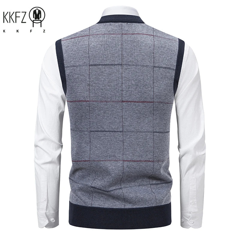 Men's V-Neck Knitted Sweater Diamond Grid Twisted Flower Casual Fashion Versatile Knit Top Autumn Winter